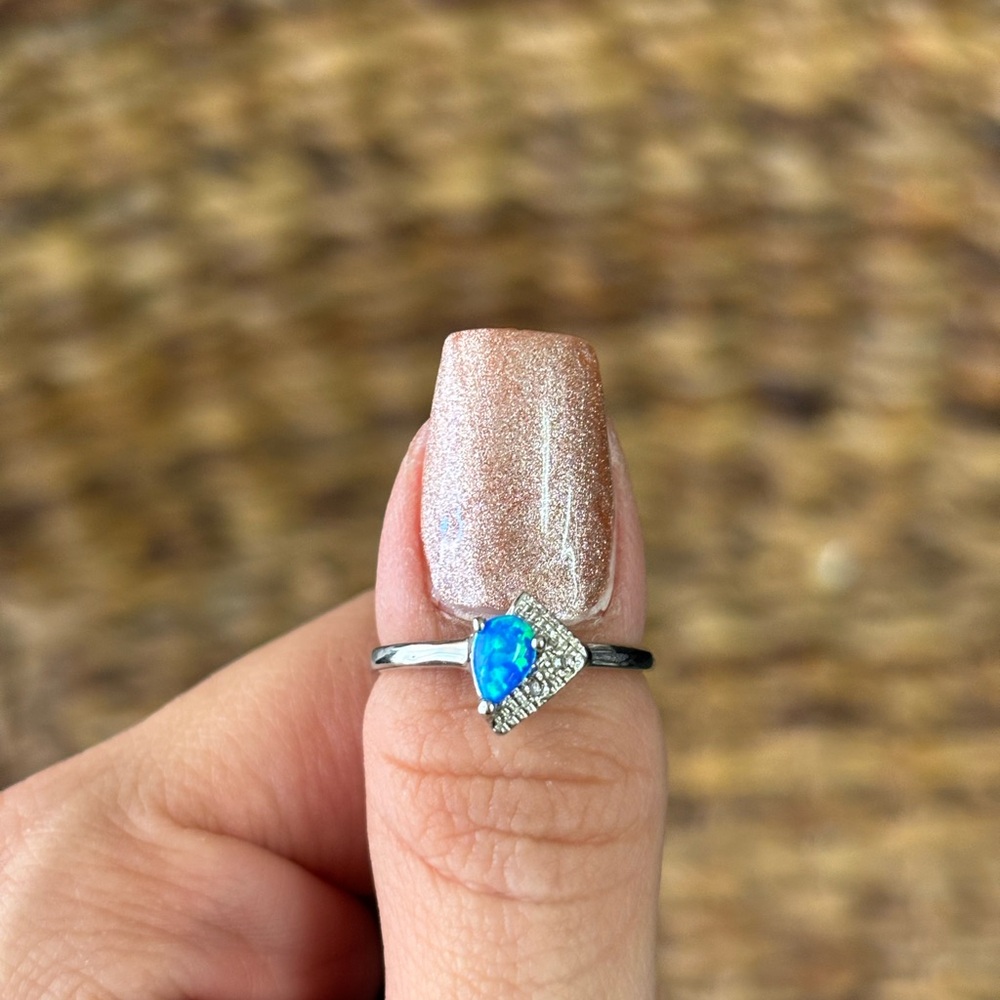Natural Cabochon Blue Opal & Diamond Sterling Silver Ring